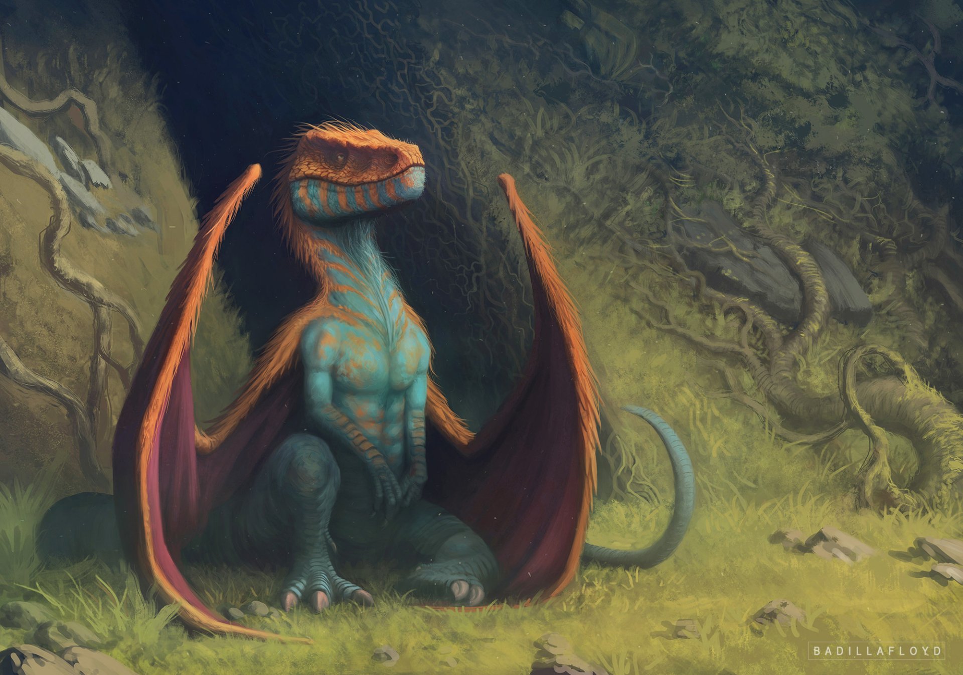 Fantasy dragon in a sunlit forest clearing: a blue-green, raptor-like dragon with orange-edged wings spread, sitting on grass — HD PC desktop wallpaper/background.