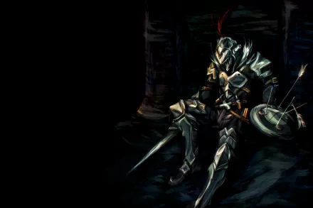 A high-definition desktop wallpaper featuring the armored character from the anime Goblin Slayer, sitting in a dark, shadowy environment with a shield and a sword.