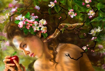 A fantasy-themed image features a woman with floral adornments, holding an apple, while a snake weaves through the branches, evoking themes of temptation and desire.