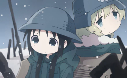 Yuuri and Chito from Girls' Last Tour sit on a bench in a snowy, post‑apocalyptic landscape — anime 4K Ultra HD PC desktop wallpaper/background.
