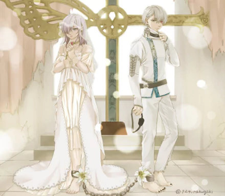 HD anime desktop wallpaper featuring Ken Kaneki and Touka Kirishima from Tokyo Ghoul:re, depicted in elegant white attire with a soft, ethereal background.