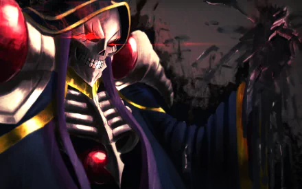 HD anime desktop wallpaper featuring Ainz Ooal Gown from Overlord, showcasing his dark, armored skeletal form with glowing red eyes and a dramatic shadowy background.