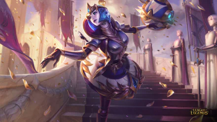 HD desktop wallpaper featuring Orianna from League of Legends, showcasing the champion in detailed armor amidst a grand staircase and floating petals.