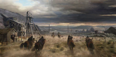 HD desktop wallpaper depicting a Western-themed scene with cowboys on horseback riding towards a distant town under a stormy sky. The image has a fantasy warrior vibe and includes an old wooden structure on the left.