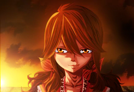 HD anime desktop wallpaper featuring Zera from Fairy Tail with fiery orange hair and intense eyes set against a glowing, warm-toned background.
