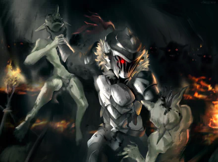 Anime Goblin Slayer in battered armor lunging through fire and shadow against attacking goblins — 2K Quad HD PC desktop wallpaper/background with dramatic lighting.