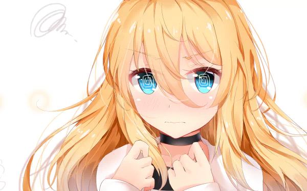 HD anime desktop wallpaper featuring Rachel Gardner from Angels of Death with striking blue eyes and flowing blonde hair in a close-up portrait.