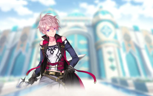 Wise (Teria Saga) purple eyes sword pink hair video game Teria Saga HD Desktop Wallpaper | Background Image