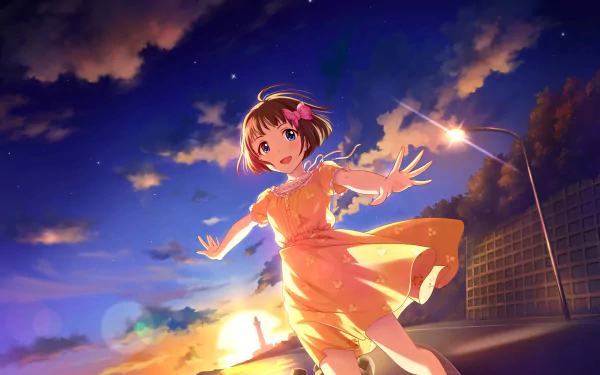 sunset blue eyes short hair brown hair Miku Maekawa Anime The iDOLM@STER Cinderella Girls anime sunset HD Desktop Wallpaper | Background Image