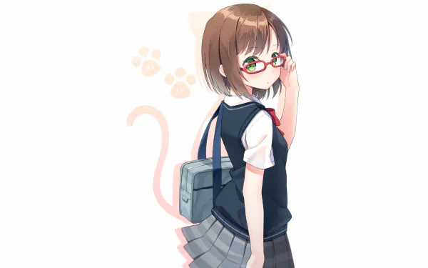 Anime HD wallpaper of Miku Maekawa from The iDOLM@STER Cinderella Girls, featuring her in a school uniform with glasses, short brown hair, green eyes, and carrying a bag.