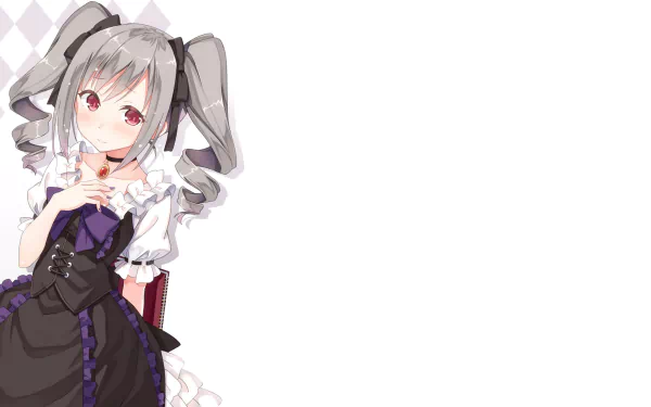 Anime HD desktop wallpaper featuring Ranko Kanzaki from The iDOLM@STER Cinderella Girls with long grey twintails, red eyes, and a black dress with a necklace.