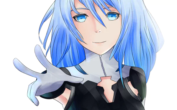 Portrait of Lacia (Beatless), blue-haired android reaching out, anime artwork rendered as a 2K Quad HD PC desktop wallpaper/background.