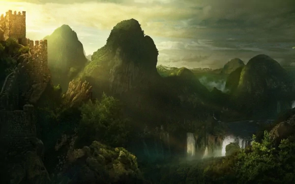 HD fantasy landscape wallpaper featuring a mystical green terrain with towering mountains, ancient ruins, and cascading waterfalls under a moody, ethereal sky.