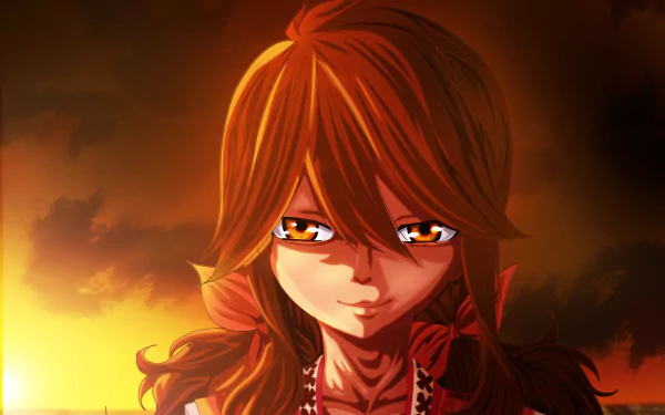 HD anime desktop wallpaper featuring Zera from Fairy Tail with fiery orange hair and intense eyes set against a glowing, warm-toned background.