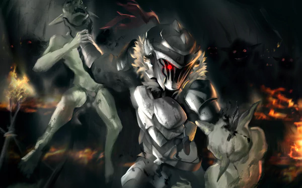 Anime Goblin Slayer in battered armor lunging through fire and shadow against attacking goblins — 2K Quad HD PC desktop wallpaper/background with dramatic lighting.