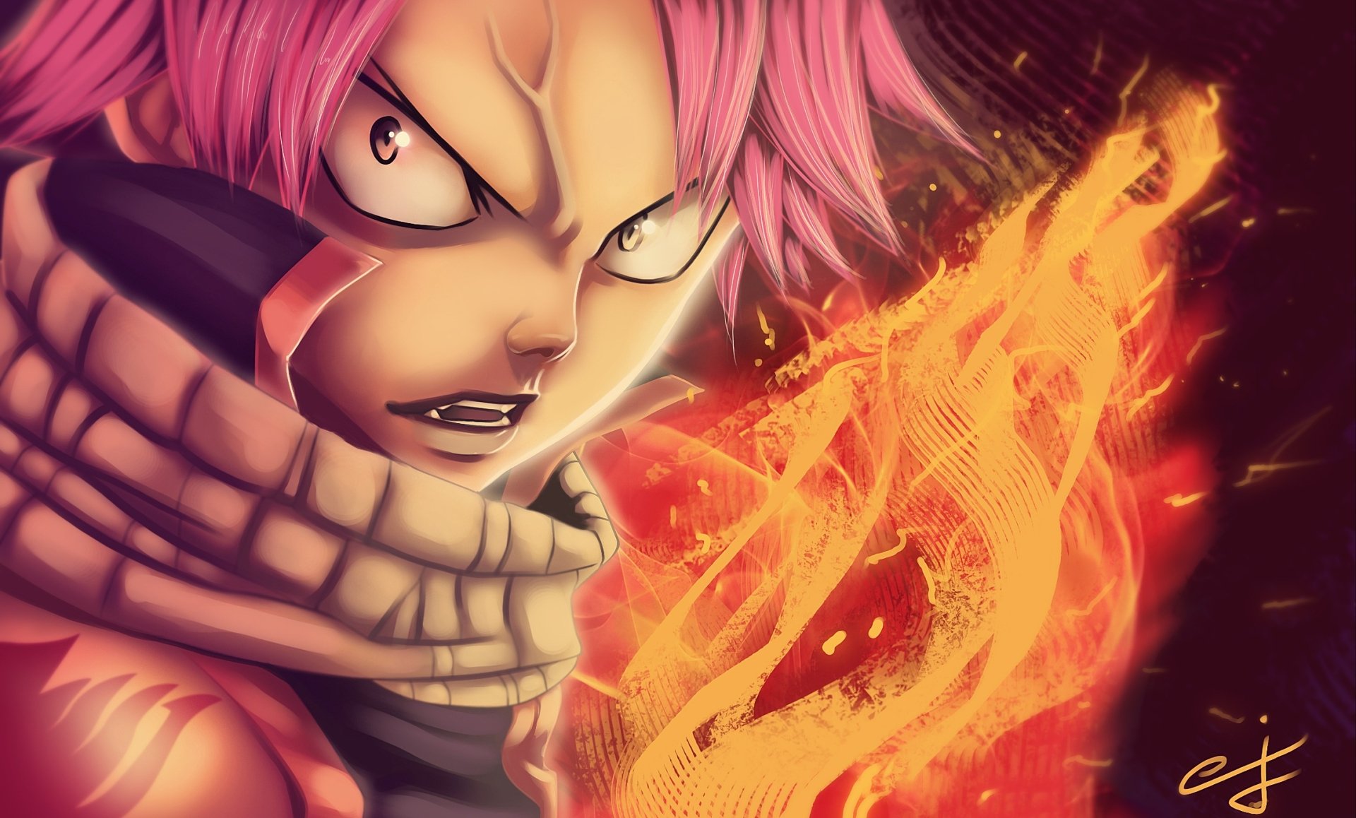 HD PC desktop wallpaper/background: Natsu Dragneel (Fairy Tail anime) — close-up, fierce expression, pink hair and scarf, conjuring a blazing orange flame.