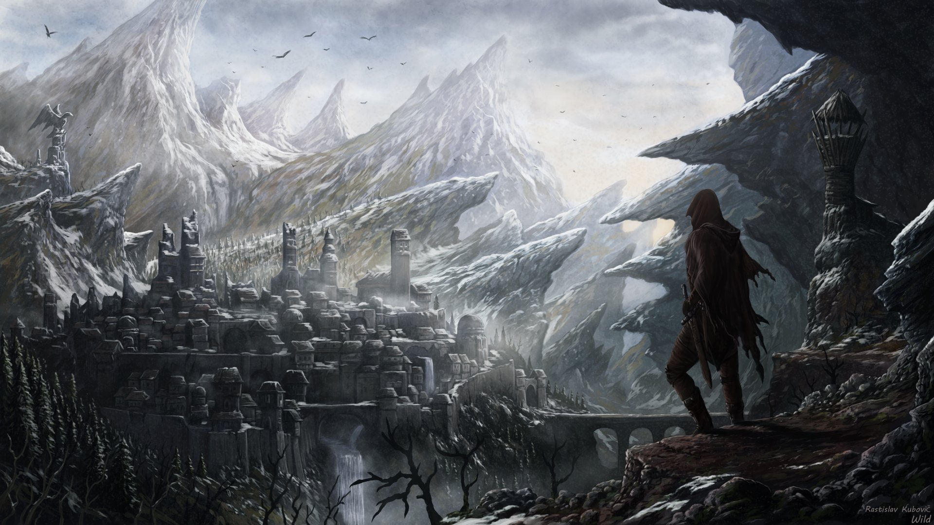 A fantasy warrior stands on a rocky outcrop overlooking a majestic, snow-capped mountain range and a mystical city, evoking the spirit of adventure in a beautifully detailed, HD fantasy wallpaper.