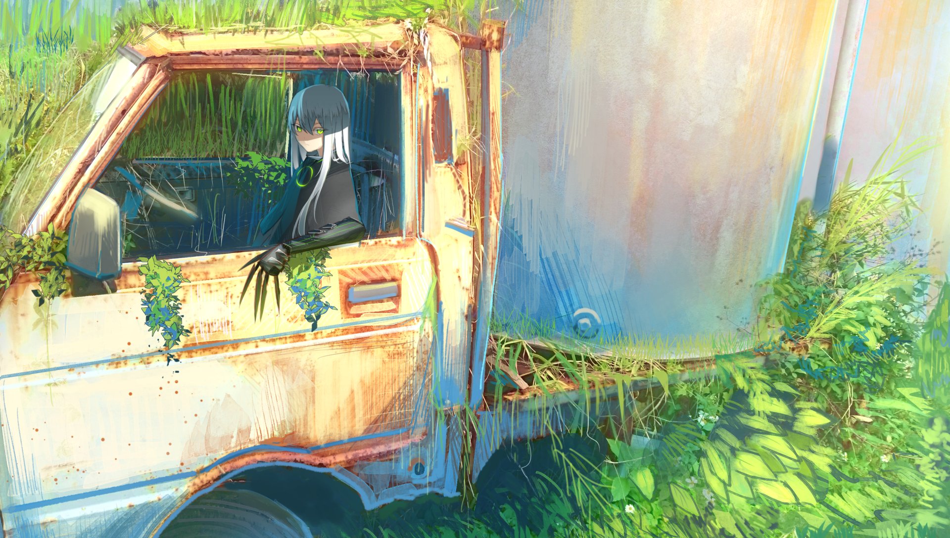 Anime original: white-haired girl sits in a rusted, overgrown truck amid lush greenery — vibrant painterly scene, 2K Quad HD PC desktop wallpaper and background.