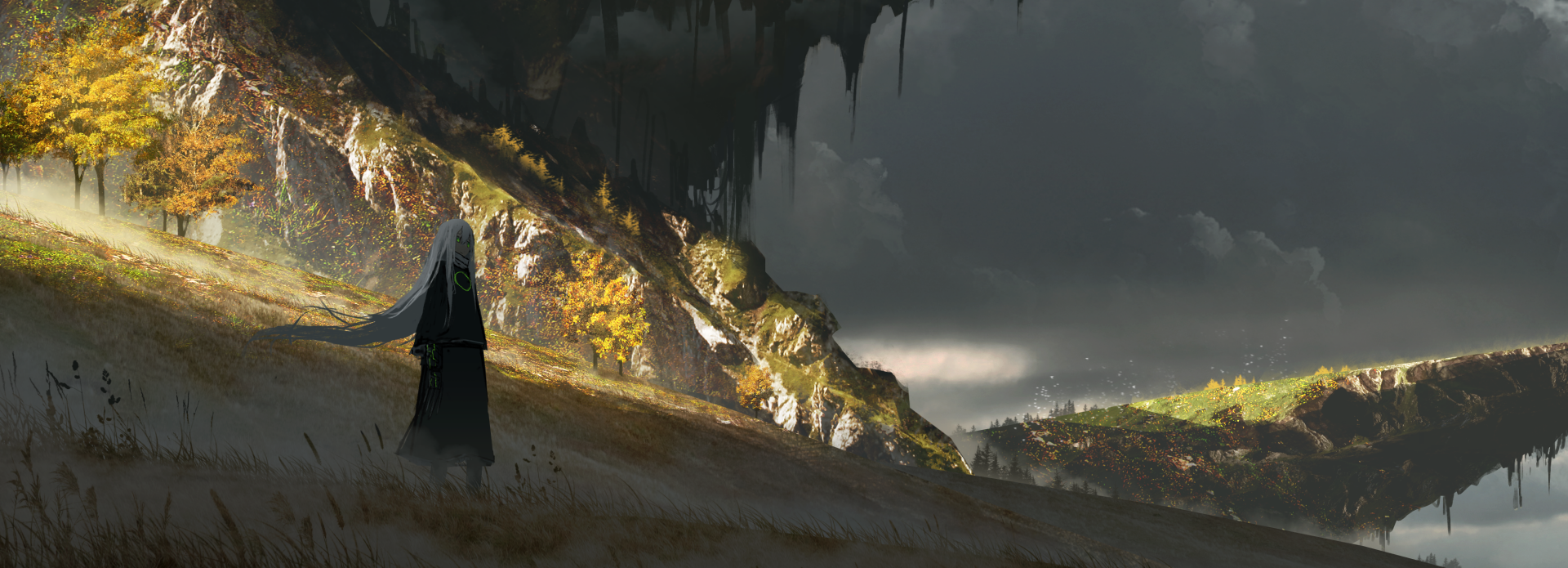 HD desktop wallpaper featuring an anime character with long white hair standing against a dramatic landscape with ominous dark clouds and jagged cliffs. Tags: white hair, long hair, Anime, Original.