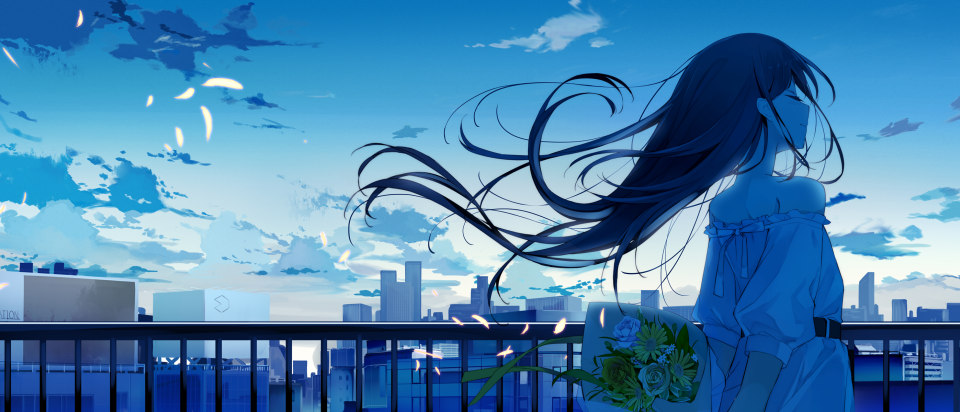 Anime-style HD desktop wallpaper featuring a long-haired character with brown hair holding flowers against a vibrant cityscape under a bright blue sky.