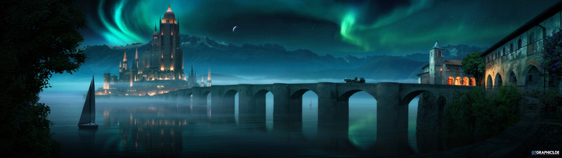 HD PC desktop wallpaper featuring a fantasy cityscape with glowing towers, a misty bridge over water, and an aurora lighting the night sky.