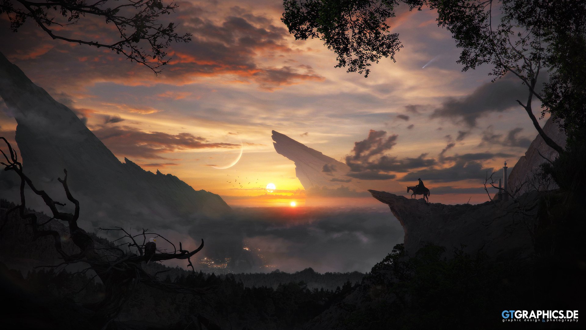 HD fantasy landscape wallpaper depicting a dramatic sunset over mountains, with a horse and rider silhouetted on a cliff and a large crescent moon in the sky.