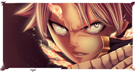 Close-up 4K Ultra HD anime wallpaper of Natsu Dragneel from Fairy Tail, showcasing intense fiery eyes and dynamic flame effects on a dark background.