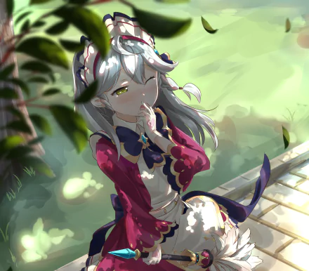 A 4K Ultra HD PC wallpaper featuring a white-haired maid with striking green eyes from the video game Knights Chronicle, surrounded by soft, natural light.