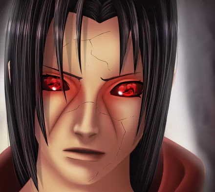 HD PC desktop wallpaper featuring Itachi Uchiha from the anime Naruto, showcasing his intense red Sharingan eyes and detailed facial features.