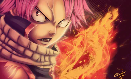 HD PC desktop wallpaper/background: Natsu Dragneel (Fairy Tail anime) — close-up, fierce expression, pink hair and scarf, conjuring a blazing orange flame.