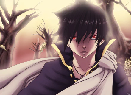HD PC desktop wallpaper featuring Zeref Dragneel from the anime Fairy Tail, set against a gloomy, barren forest background with intense red eyes.