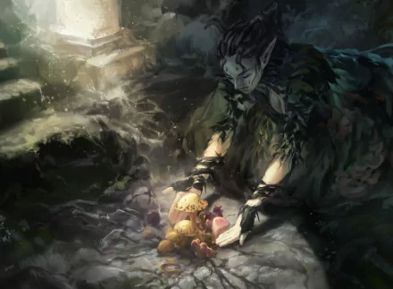 HD fantasy desktop wallpaper featuring an elf with pointed ears gently interacting with mushrooms in a mystical, shadowy forest setting.