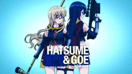 HD PC desktop wallpaper of Hatsume Aoba and Goe Ishikawa from the anime Release the Spyce, standing back-to-back with weapons on a blue gradient background.