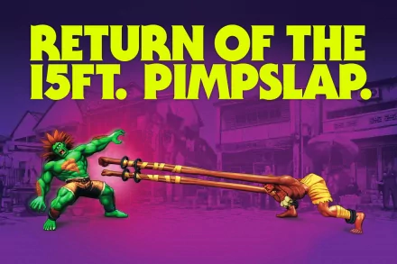 HD PC desktop wallpaper featuring a funny purple-toned Street Fighter scene with Blanka delivering a long-range slap in a street setting.