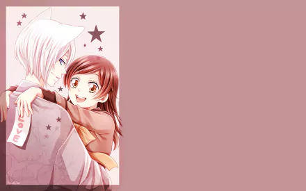 HD anime desktop wallpaper featuring Nanami Momozono and Tomoe from Kamisama Kiss with a soft pink and star-themed background.