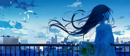 Anime-style HD desktop wallpaper featuring a long-haired character with brown hair holding flowers against a vibrant cityscape under a bright blue sky.