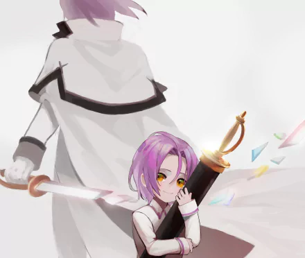 HD PC desktop wallpaper of Julius Juukulius from Re:Zero: purple-haired, golden-eyed knight in a white cloak clutching a sword and scabbard amid floating, glowing shards.