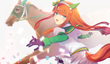 HD PC desktop wallpaper featuring Silence Suzuka from the anime Uma Musume: Pretty Derby, showcasing dynamic motion and vibrant colors.