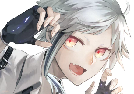 Anime HD PC wallpaper of Atsushi Nakajima (Bungou Stray Dogs): close-up of white-haired, amber-red-eyed Atsushi grinning with hands raised in a playful, energetic pose.