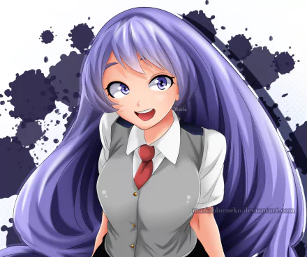 HD PC desktop wallpaper featuring Nejire Hado from the anime My Hero Academia, showcasing her with long purple hair and a cheerful expression.