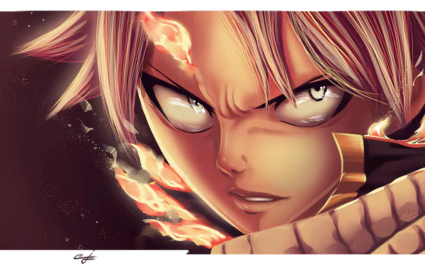 Close-up 4K Ultra HD anime wallpaper of Natsu Dragneel from Fairy Tail, showcasing intense fiery eyes and dynamic flame effects on a dark background.