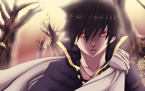 HD PC desktop wallpaper featuring Zeref Dragneel from the anime Fairy Tail, set against a gloomy, barren forest background with intense red eyes.