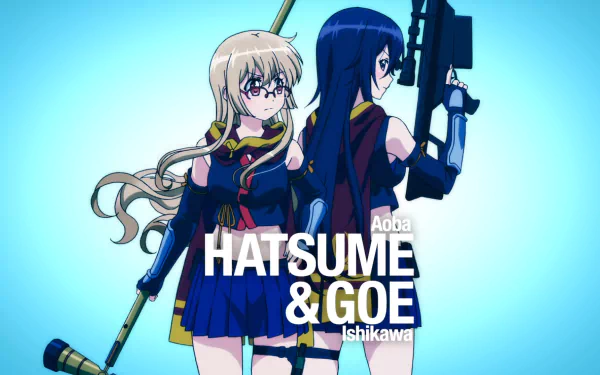 HD PC desktop wallpaper of Hatsume Aoba and Goe Ishikawa from the anime Release the Spyce, standing back-to-back with weapons on a blue gradient background.