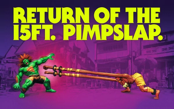 HD PC desktop wallpaper featuring a funny purple-toned Street Fighter scene with Blanka delivering a long-range slap in a street setting.