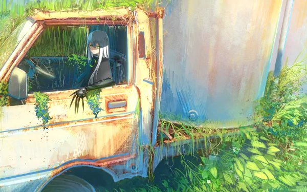 Anime original: white-haired girl sits in a rusted, overgrown truck amid lush greenery — vibrant painterly scene, 2K Quad HD PC desktop wallpaper and background.