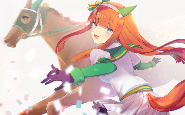 HD PC desktop wallpaper featuring Silence Suzuka from the anime Uma Musume: Pretty Derby, showcasing dynamic motion and vibrant colors.