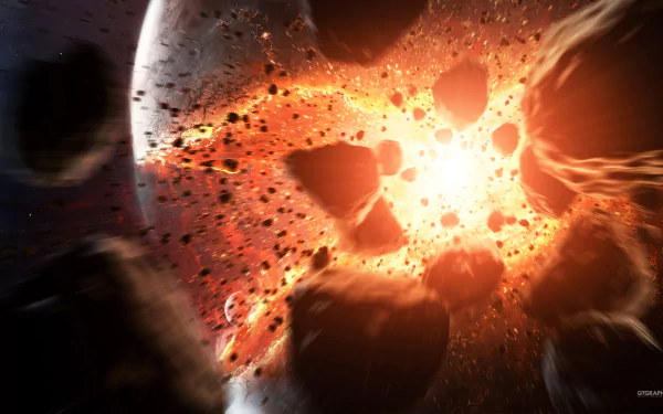 Sci-fi collision: blazing asteroids and debris erupt around a planet, fiery shockwave and glowing fragments — 2K Quad HD PC desktop wallpaper and background.