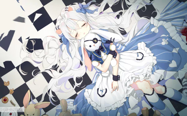Anime Alice in Wonderland HD PC desktop wallpaper: long white-haired Alice in a blue frilled dress clutching a rabbit, lying on a tilted black-and-white checkerboard floor.