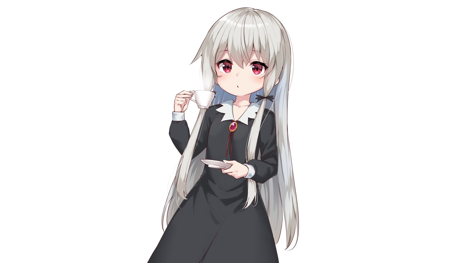 Anime character Sophie Twilight from Tonari no Kyuuketsuki-san holding a teacup and saucer, featured as an HD PC desktop wallpaper and background.