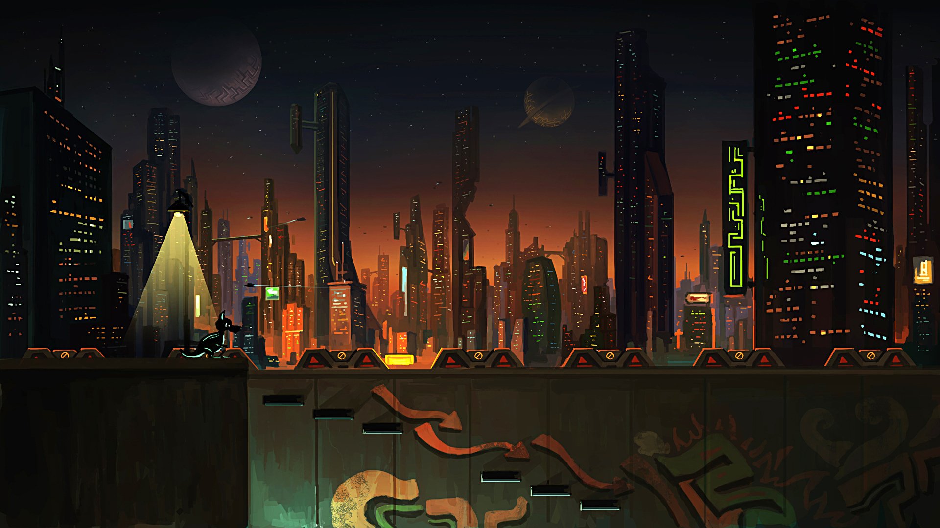 HD PC desktop wallpaper of a vibrant sci-fi cityscape at dusk with towering futuristic buildings, glowing neon lights, and a dark sky featuring two moons.